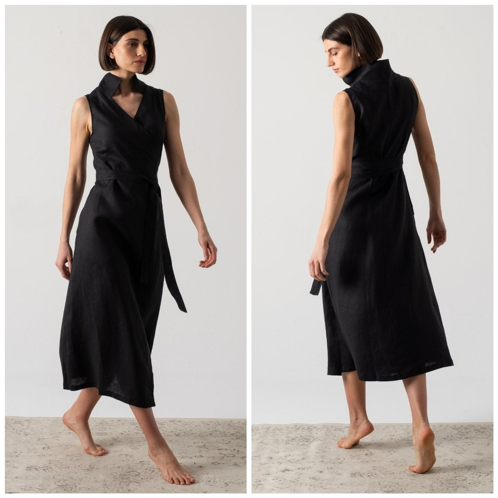 Sleeveless Black Asymmetrical Wrap Dress - Picture 2 of 13